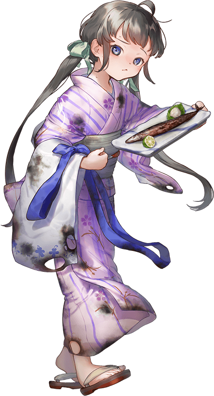 1girl, black_hair, blue_eyes, burnt_clothes, fish, full_body, geta, hair_ribbon