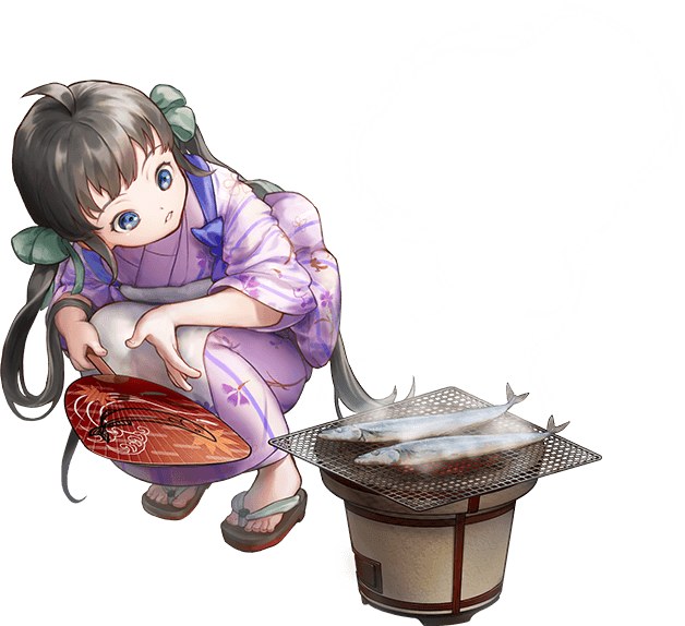 1girl, apron, black_hair, blue_eyes, fish, full_body, geta, grill, hair_ribbon, hand_fan, hozuka_(kadokawa), japanese_clothes, kaiboukan_no._22_(kancolle), kaiboukan_no._22_(yukata)_(kancolle), kantai_collection, kimono, long_hair, low_twintails, official_alternate_costume, official_art, paper_fan, purple_kimono, ribbon, saury, shichirin, solo, squatting, translation_request, transparent_background, twintails, uchiwa