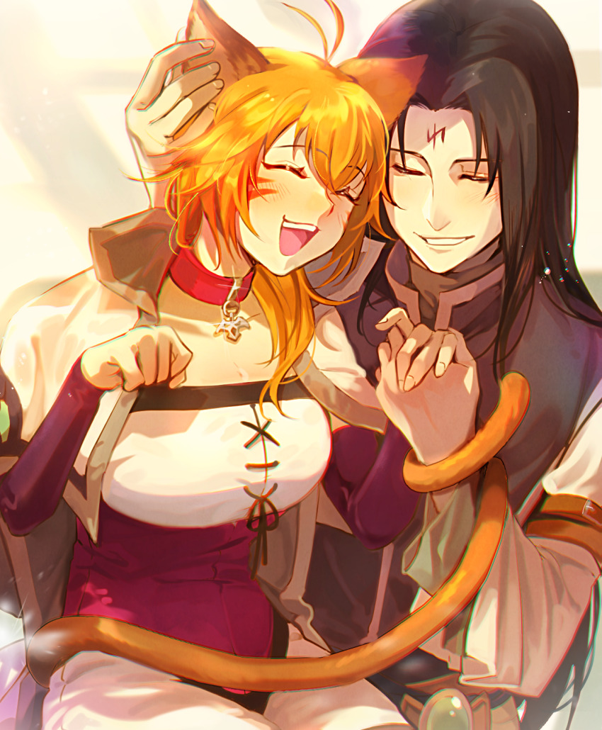 1boy, 1girl, animal_ears, black_hair, cat, cat_ears, cat_girl, cat_tail