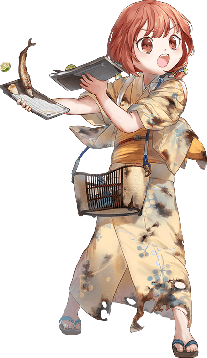 1girl, bag, basket, brown_eyes, brown_hair, burnt_clothes, depth_charge, fish