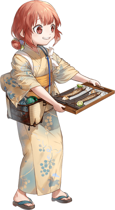 1girl, bag, brown_eyes, brown_hair, fish, floral_print, food_print, fruit_print, full_body, geta, grape_print, holding_hoop, hozuka_(kadokawa), japanese_clothes, kaiboukan_no._4_(autumn_yukata)_(kancolle), kaiboukan_no._4_(kancolle), kantai_collection, kimono, low_twintails, official_alternate_costume, official_art, saury, short_hair, smile, transparent_background, tray, twintails, water_balloon, yellow_kimono, yukata