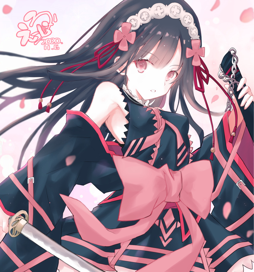 1girl, bare_shoulders, belt, black_dress, black_hair, chain, commentary_request, dated