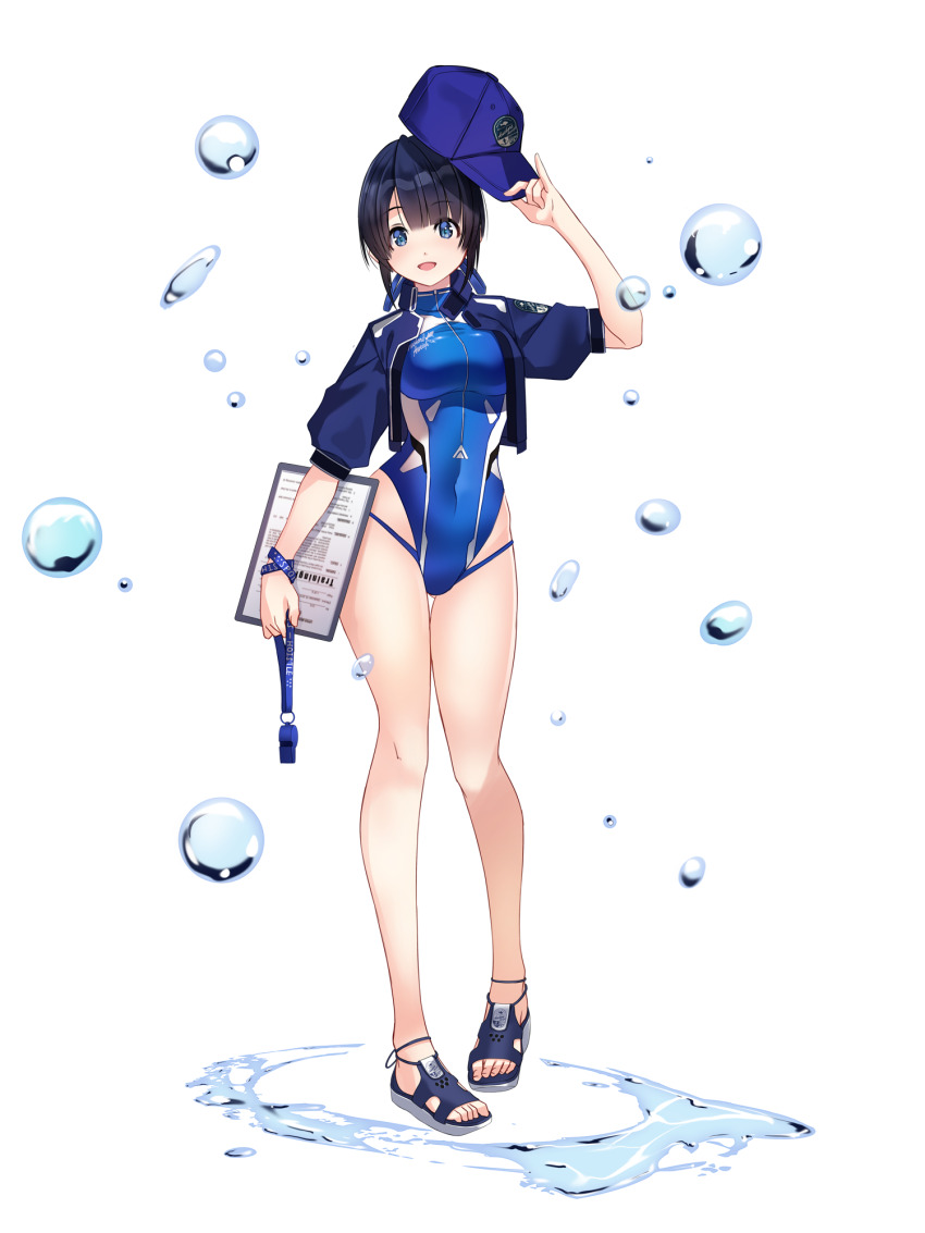 1girl, :d, black_hair, blue_eyes, blue_hat, breasts, bubble, covered_navel, dairoku_ryouhei, full_body, hand_up, hat, highres, holding, holding_whistle, kakizaka_hachishika, medium_breasts, nobuko_akizuki, one-piece_swimsuit, open_mouth, sandals, short_hair, smile, solo, standing, swimsuit, transparent_background, water, whistle