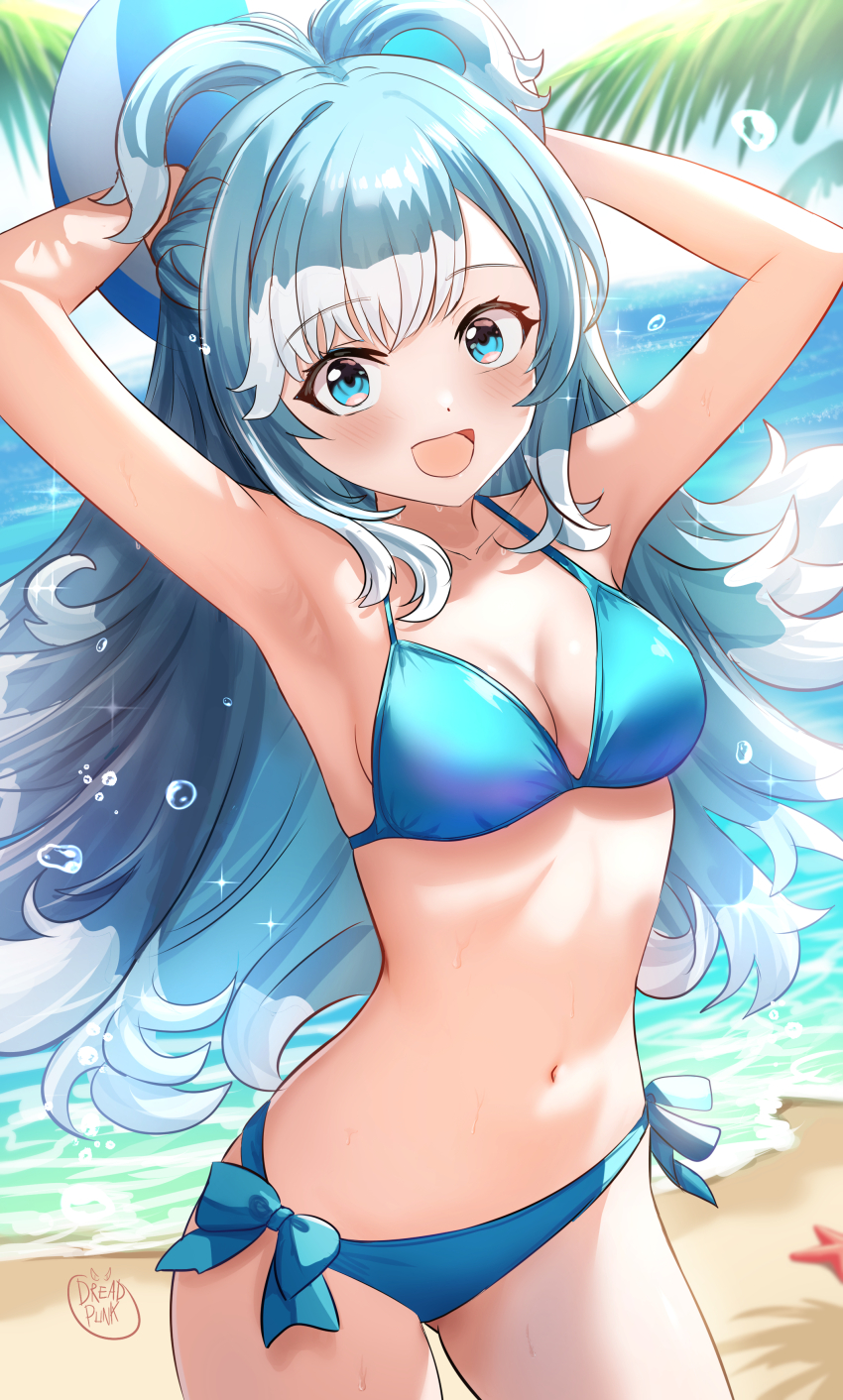 1girl, absurdres, armpits, arms_up, ball, beach, beachball, bikini
