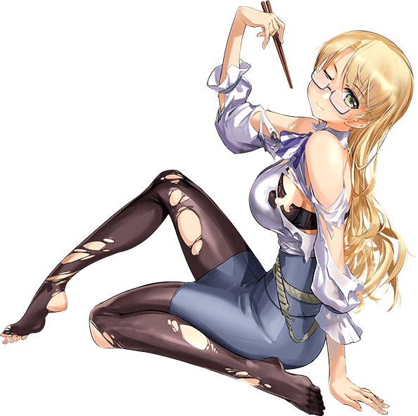 1girl, black_pantyhose, blue_ribbon, blue_skirt, blunt_bangs, c2_kikan, chopsticks, collared_shirt, dress_shirt, eating, glasses, green_eyes, kantai_collection, logo, long_hair, looking_at_viewer, navy_cross, neck_ribbon, northampton_(kancolle), northampton_(saury_festival)_(kancolle), official_alternate_costume, official_art, one_eye_closed, pantyhose, pencil_skirt, ribbon, shirt, sitting, skirt, smile, solo, torn_clothes, torn_pantyhose, transparent_background, white_shirt, zeco