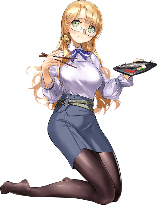 1girl, black_pantyhose, blue_ribbon, blue_skirt, blunt_bangs, c2_kikan, chopsticks, collared_shirt, dress_shirt, eating, fish, glasses, green_eyes, kantai_collection, kneeling, logo, long_hair, navy_cross, neck_ribbon, northampton_(kancolle), northampton_(saury_festival)_(kancolle), official_alternate_costume, official_art, pantyhose, pencil_skirt, ribbon, saury, shirt, sideways_glance, skirt, solo, transparent_background, white_shirt, zeco