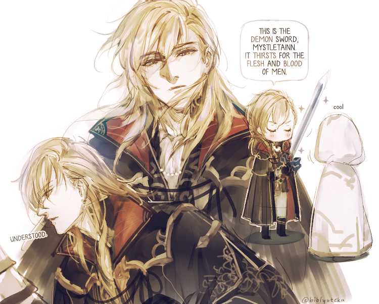 1boy, 1other, ares_(fire_emblem), blonde_hair, commentary_request, english_text, fire_emblem, fire_emblem:_genealogy_of_the_holy_war