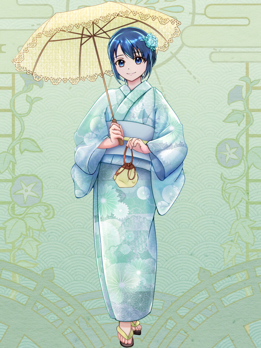 1girl, aqua_kimono, blue_eyes, blue_hair, dairoku_ryouhei, flower, full_body, green_background