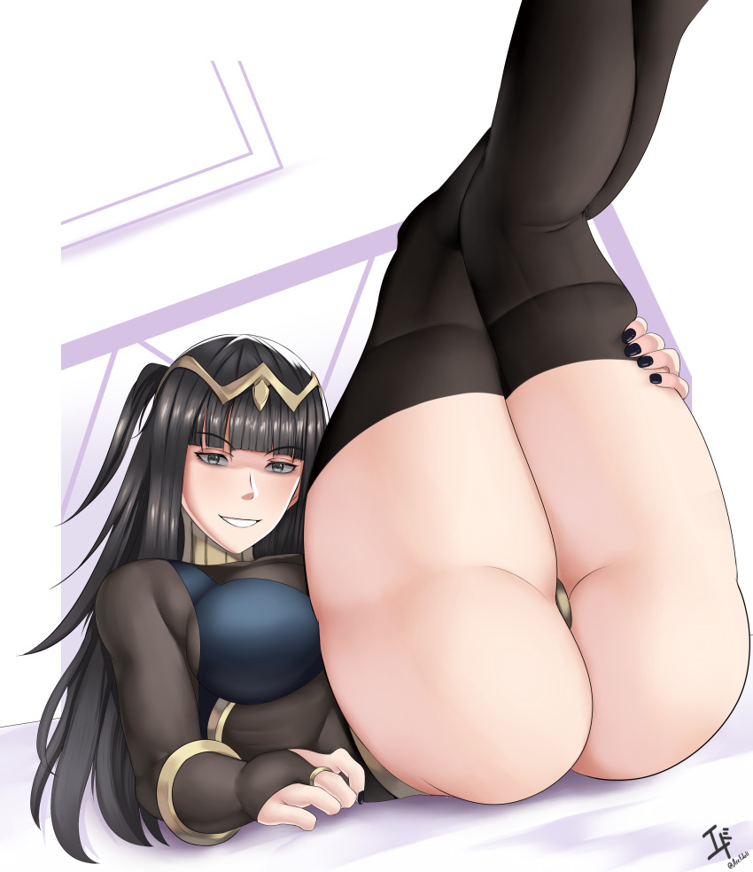 1girl, absurdres, alternate_costume, arcedo, ass, ass_focus, black_hair, breasts, bridal_gauntlets, brown_eyes, cameltoe, fire_emblem, fire_emblem_awakening, fire_emblem_heroes, highres, huge_ass, large_breasts, leg_hold, legs, legs_up, leotard, long_hair, looking_at_viewer, ninja, nintendo, official_alternate_costume, parted_lips, smile, solo, tharja_(fire_emblem), tharja_(ninja)_(fire_emblem), thick_thighs, thighhighs, thighs, thong, thong_leotard, two_side_up