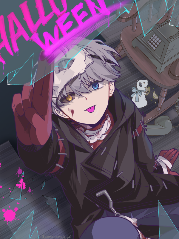 1boy, :p, amanatsu_(amanatu5069), arm_support, arm_up, black_coat, black_sclera, blood