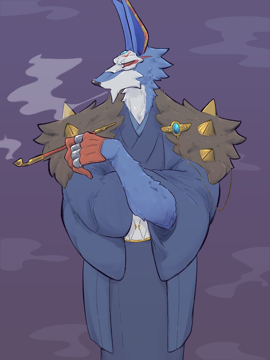 1boy, animal_ears, animal_nose, badge, blue_fur, blue_kimono, button_badge, commentary_request