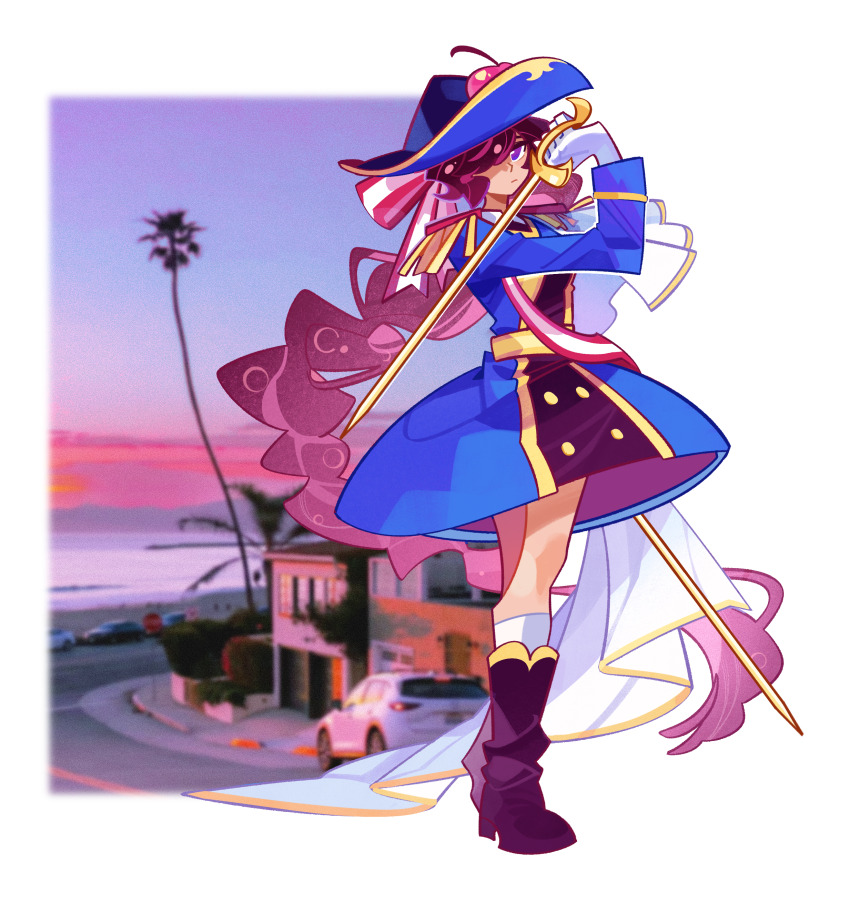 1girl, absurdres, blue_dress, blue_hat, boots, border, bradyclaph83904, braid, cherry_cola_cookie, cherry_cola_cookie_(solar_knight_champion), chinese_commentary, commentary_request, cookie_run, cookie_run:_ovenbreak, dress, hat, highres, holding, holding_sword, holding_weapon, humanization, long_hair, official_alternate_costume, photo_background, pirate_hat, purple_hair, sash, single_braid, solo, sword, very_long_hair, weapon, white_border