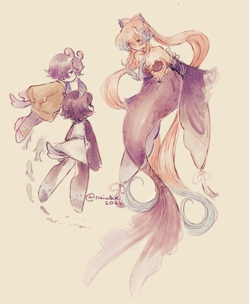 bare_shoulders, bikini, bow-shaped_hair, character_request, collarbone, colored_tips, commentary, dated, english_commentary, frilled_sleeves, frills, full_body, genshin_impact, highres, long_hair, melusine_(genshin_impact), mermaid, monster_girl, multicolored_hair, naiadite, sangonomiya_kokomi, shell, shell_bikini, short_hair, simple_background, twitter_username, underwater, very_long_hair