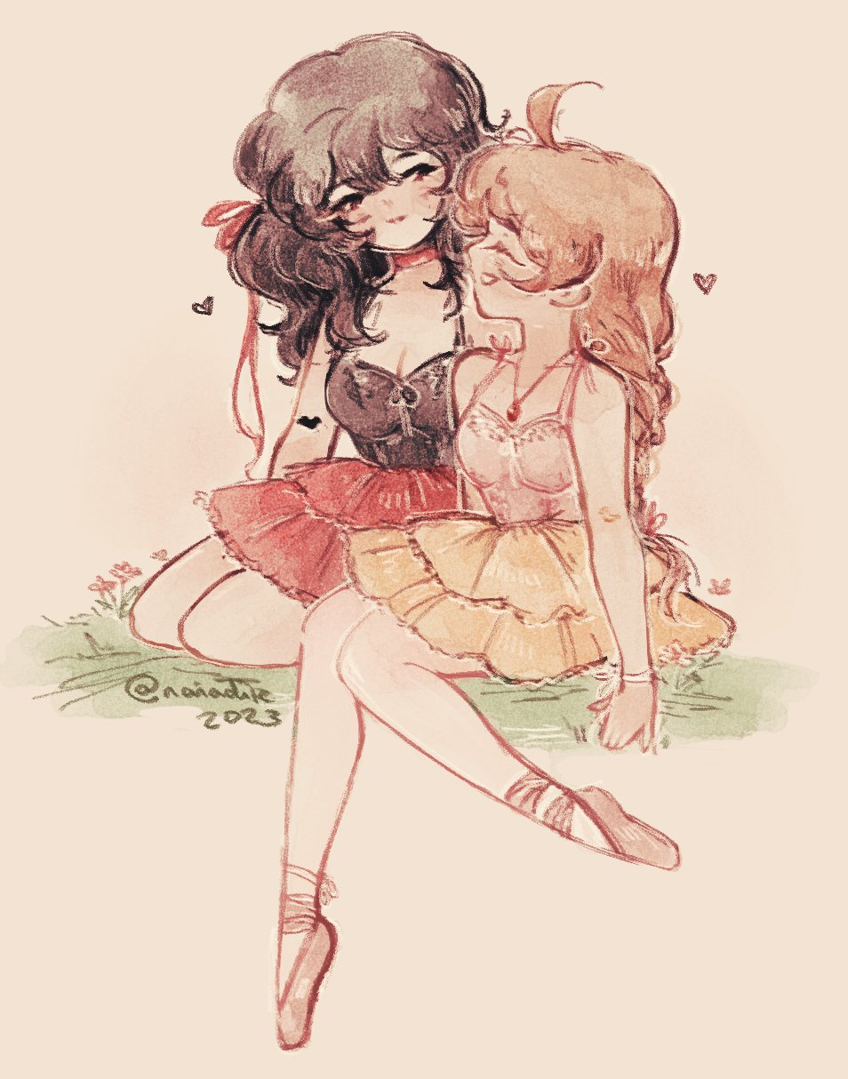 2girls, ^_^, ahiru_(princess_tutu), ahoge, alternate_costume, ballet_slippers, bare_shoulders, braid