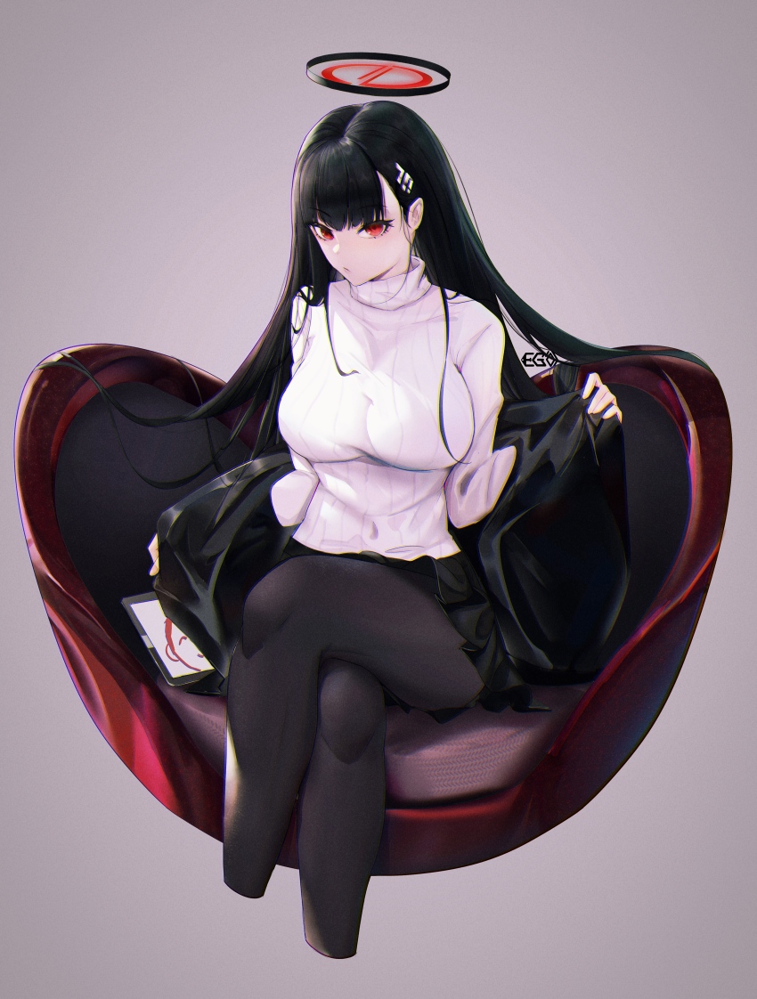 1girl, absurdres, black_hair, black_pantyhose, blue_archive, breasts, cropped_legs, crossed_legs