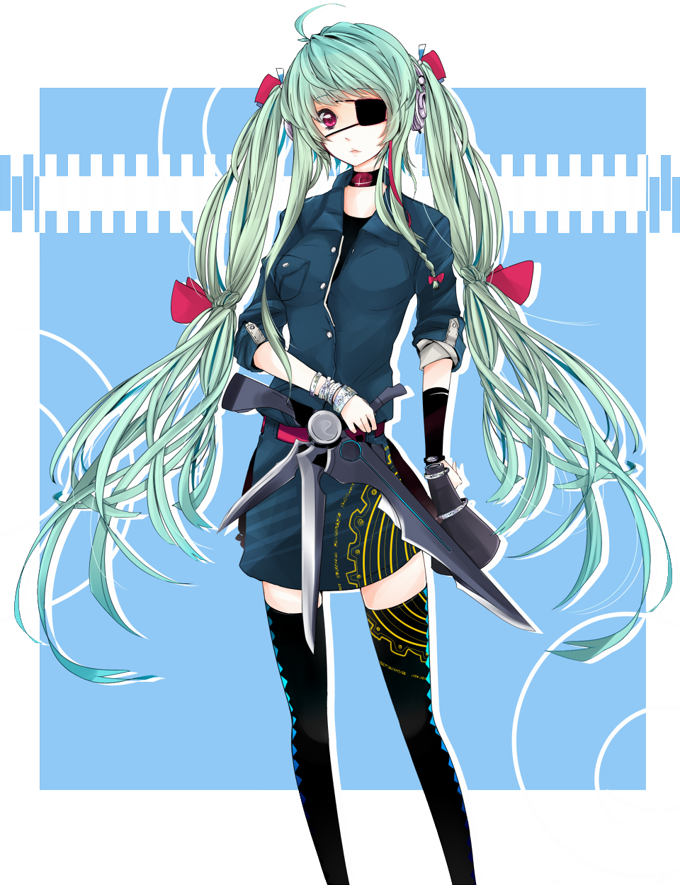 1girl, ahoge, aqua_hair, bad_id, bad_pixiv_id, belt, choker, eyepatch