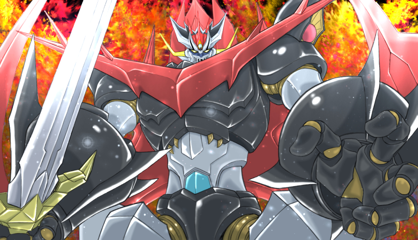 great_mazinkaiser, holding, holding_sword, holding_weapon, horns, looking_at_viewer, mazinger_(series), mecha