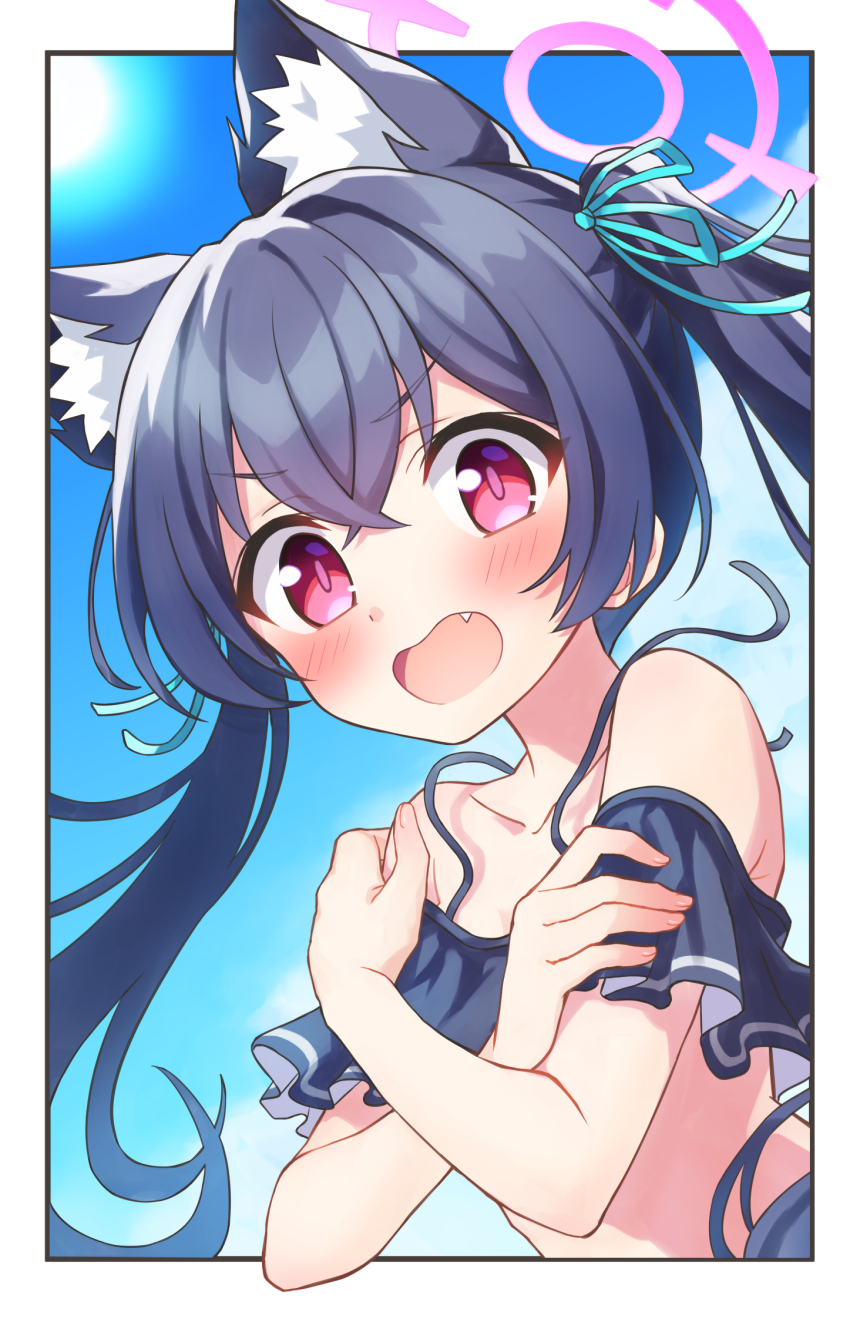 1girl, animal_ear_fluff, animal_ears, bare_shoulders, bikini, black_bikini, black_hair, blue_archive