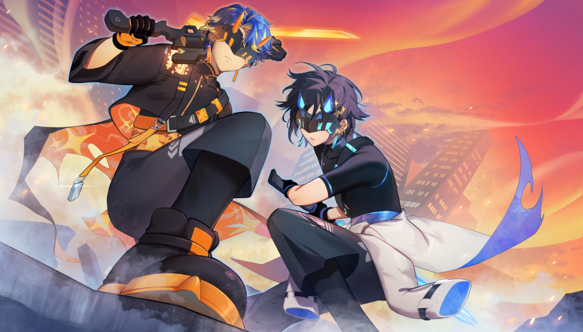 2boys, astel_leda, astel_leda_(3rd_costume), black_footwear, black_gloves, black_hair, black_jacket, black_leggings, black_pants, black_shirt, blonde_hair, blue_hair, building, chest_strap, clothes_around_waist, cropped_jacket, ear_piercing, earrings, eye_mask, frown, gloves, hair_ornament, hashtag-only_commentary, highres, holding, holding_weapon, holostars, jacket, jacket_around_waist, jewelry, kanade_izuru, kanade_izuru_(7th_costume), leggings, lightning_bolt, lightning_bolt_hair_ornament, lightning_bolt_symbol, male_focus, mask, mono_(bluesky), multicolored_hair, multiple_boys, open_clothes, open_jacket, orange_gloves, outdoors, pants, piercing, shirt, short_hair, streaked_hair, tassel, tassel_earrings, two-sided_gloves, two-tone_hair, virtual_youtuber, weapon