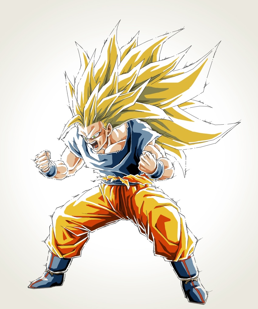 1boy, blonde_hair, blue_sash, blue_shirt, dragon_ball, dragonball_z, full_body, green_eyes