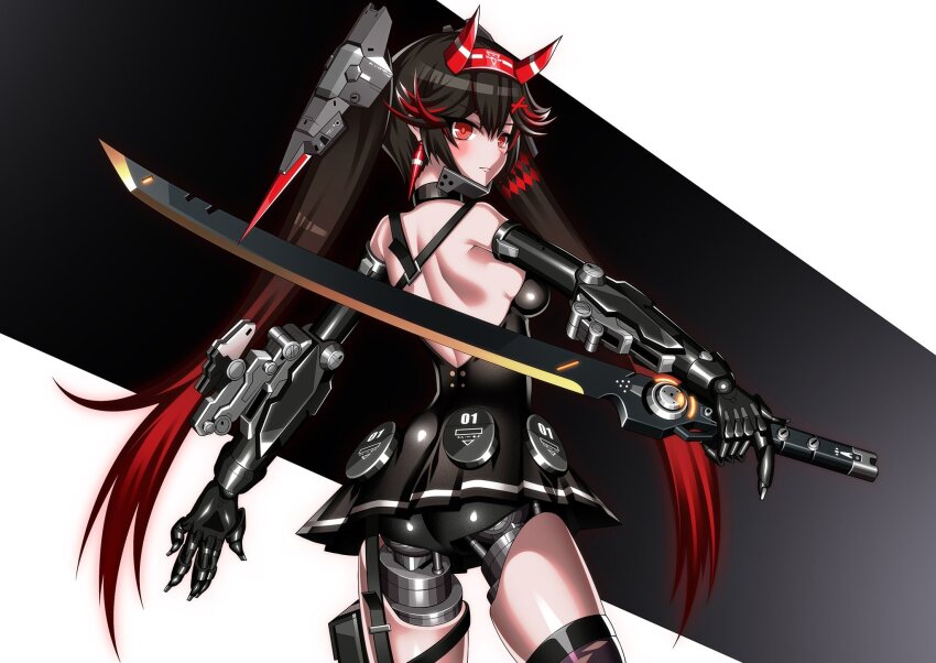 1girl, ass, backless_dress, backless_outfit, black_dress, dress, earrings, fake_horns