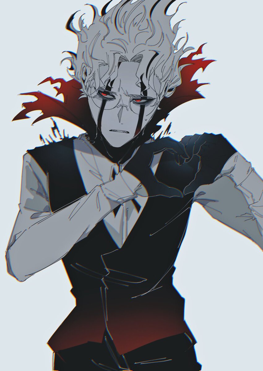 1boy, black_gloves, black_vest, dandadan, facial_mark, glasses, gloves, heart