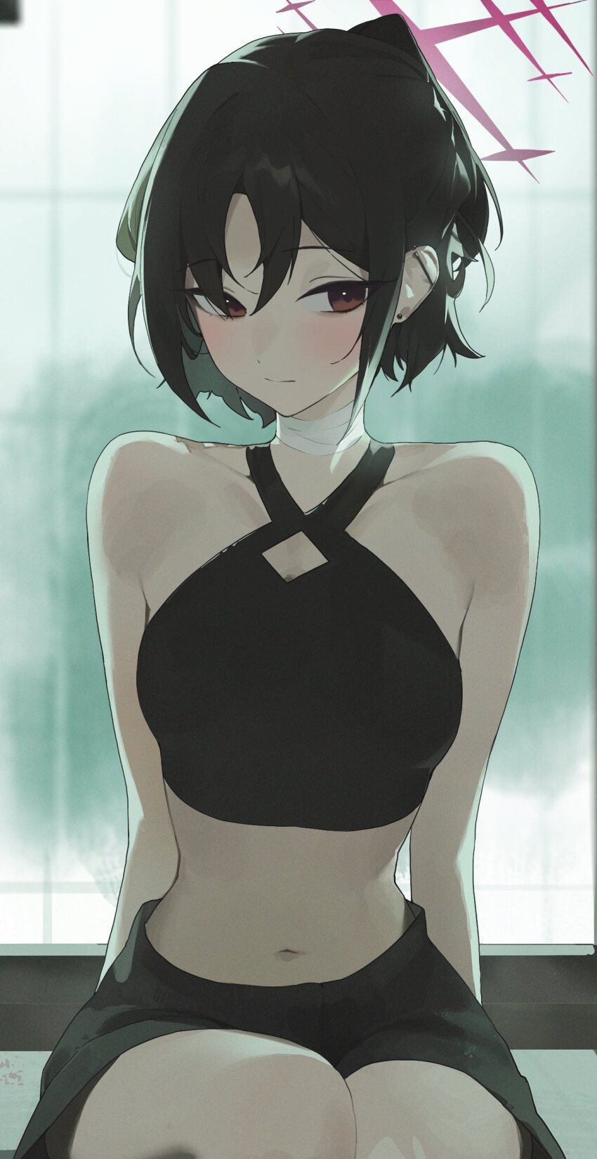 bandaged_neck, bandages, barbell_piercing, black_skirt, blue_archive, brown_eyes, collarbone, criss-cross_halter