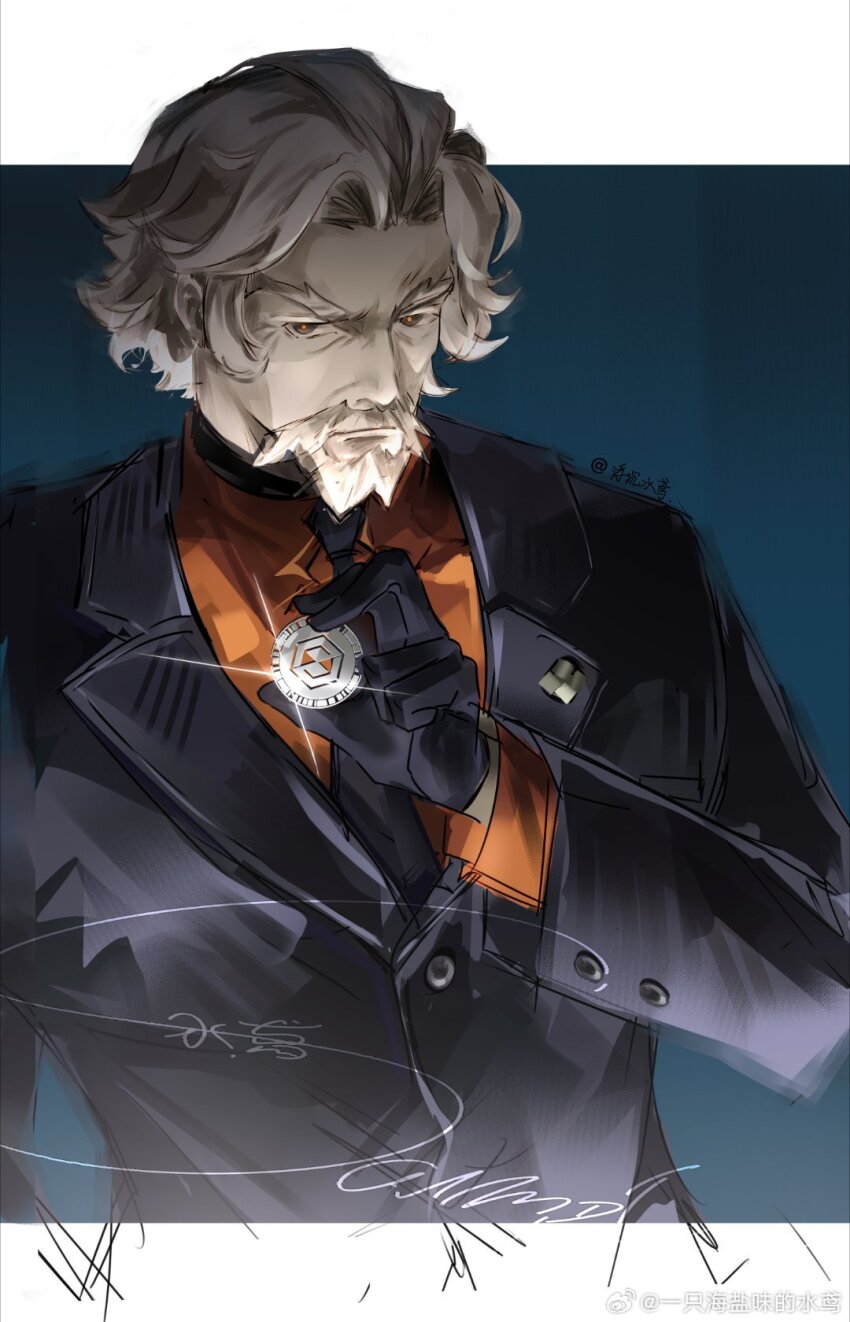 1boy, beard, black_eyes, black_gloves, black_jacket, black_necktie, blazer, character_request