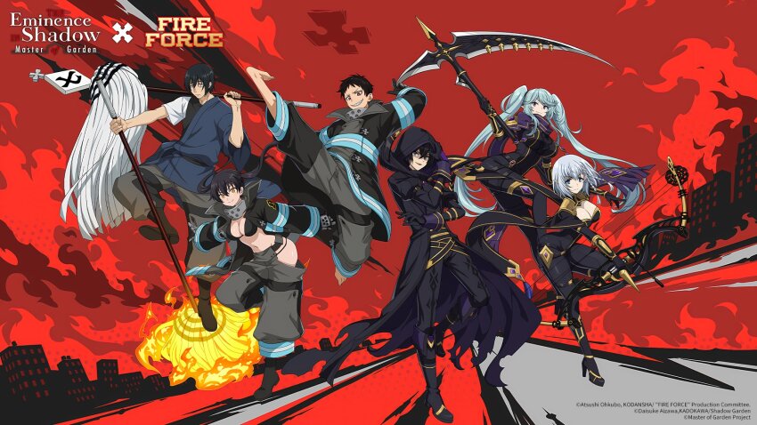 3boys, 3girls, beta_(kagejitsu), black_hair, blue_eyes, breasts, cleavage, en'en_no_shouboutai