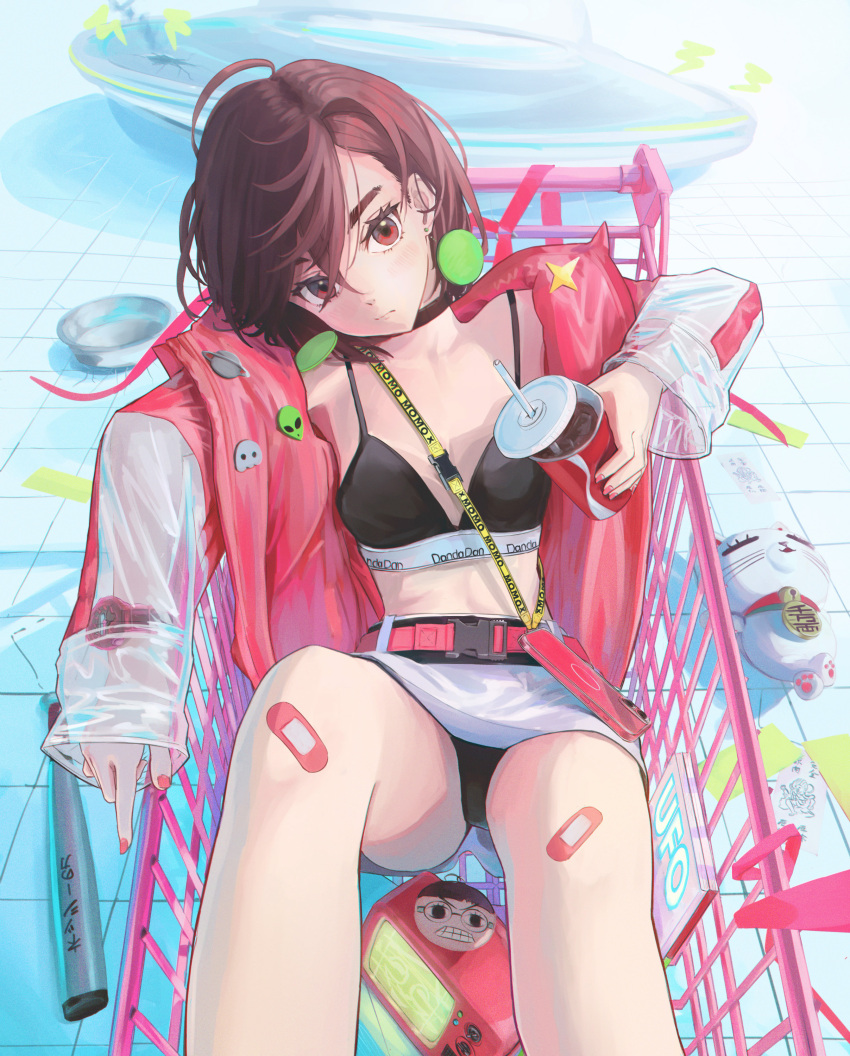 1girl, absurdres, ayase_momo, bandaid, bandaid_on_knee, bandaid_on_leg, baseball_bat, black_bra, black_choker, black_panties, bowl, bra, breasts, brown_eyes, brown_hair, choker, cup, dandadan, disposable_cup, drinking_straw, highres, in_shopping_cart, jacket, panties, pet_bowl, pink_jacket, shopping_cart, skirt, small_breasts, soda, solo_focus, tim_l, turbo_granny_(dandadan), underwear, white_skirt