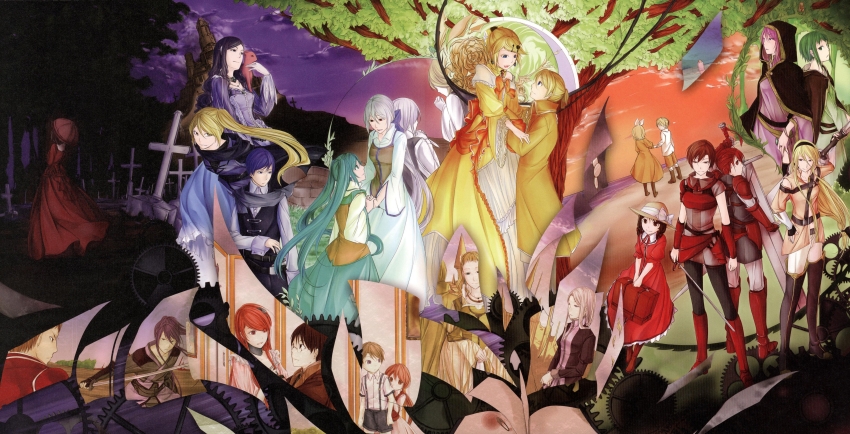 6+boys, 6+girls, absurdres, aged_down, ah-software, aile_freezis, akita_neru, aku_no_musume_(series), aku_no_musume_(vocaloid), allen_avadonia, anne_lucifen_d'autriche, annotated, aqua_dress, aqua_eyes, aqua_hair, armor, arth_lucifen_d'autriche, banica_conchita, beach, black_hair, blonde_hair, blue_eyes, blue_hair, book, brown_cloak, brown_eyes, brown_hair, cat, chartette_langley, child, chipmunk, clarith, cloak, coat, cross, dress, dual_persona, elluka_clockworker, everyone, evillious_nendaiki, eyes_visible_through_hair, four_mirrors_of_lucifenia, from_behind, gast_venom, gears, germaine_avadonia, glass_bottle, glasses, graveyard, green_hair, grim_the_end, gumi, gumillia, hair_between_eyes, hair_ornament, hairpin, hakaba_no_aruji, hat, hatsune_miku, held_yggdra, highres, hiyama_kiyoteru, holding, holding_hands, holding_suitcase, holding_sword, holding_weapon, hood, huge_weapon, ichi_ka, irina_clockworker, kaai_yuki, kagamine_len, kagamine_rin, kaito_(vocaloid), kamui_gakupo, kasane_teto, keel_freezis, knife, kyle_marlon, latin_cross, leon_(vocaloid), leonhart_avadonia, lily_(vocaloid), long_hair, mariam_phutapie, medium_hair, megurine_luka, meiko_(vocaloid), michaela_(evillious_nendaiki), mikina_freezis, miriam_(vocaloid), multiple_boys, multiple_girls, ney_phutapie, ocean, official_art, open_book, orange_coat, orange_eyes, orange_hair, pages, pink_dress, pink_hair, ponytail, prim_marlon, prima, purple_dress, purple_eyes, purple_hair, rapier, red_armor, red_cat, red_dress, red_eyes, red_hair, regret_message_(vocaloid), riliane_lucifen_d'autriche, riliane_mouchet, scabbard, scan, sf-a2_miki, shaw_freezis, sheath, shinon_no_tokeitou_(vocaloid), shiro_no_musume_(vocaloid), short_hair, siblings, side_ponytail, side_slit, sidelocks, squirrel, suitcase, sweet_ann, sword, third-party_source, tree, tsukuyomi_ai, tsukuyomi_shouta, twin_blades_of_levianta, twins, twintails, twiright_prank_(vocaloid), utau, vocaloid, weapon, well, white_hair, yellow_dress, yellow_eyes, yowane_haku, yukina_freezis, yuri