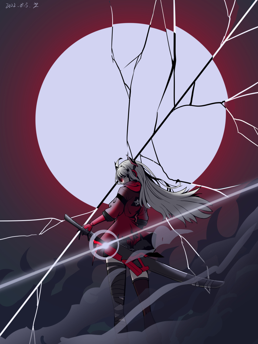 1girl, absurdres, alpha_(pgr), bandaged_leg, bandages, black_bandages, black_thighhighs, dated