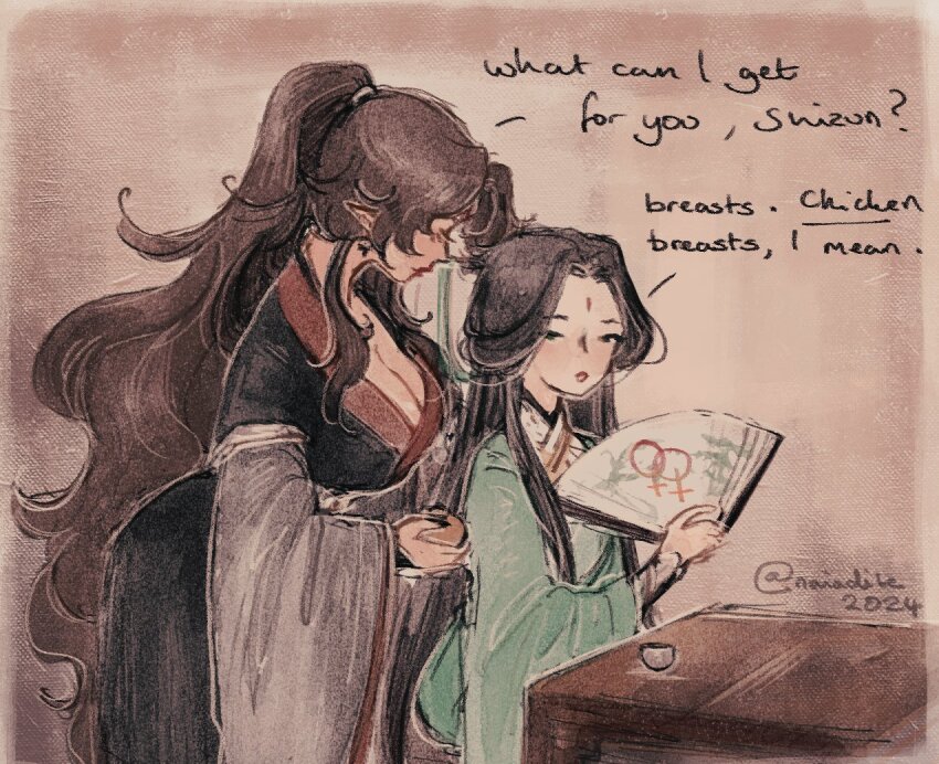 2girls, black_hair, black_hanfu, breasts, brown_hair, chinese_clothes, cleavage, commentary