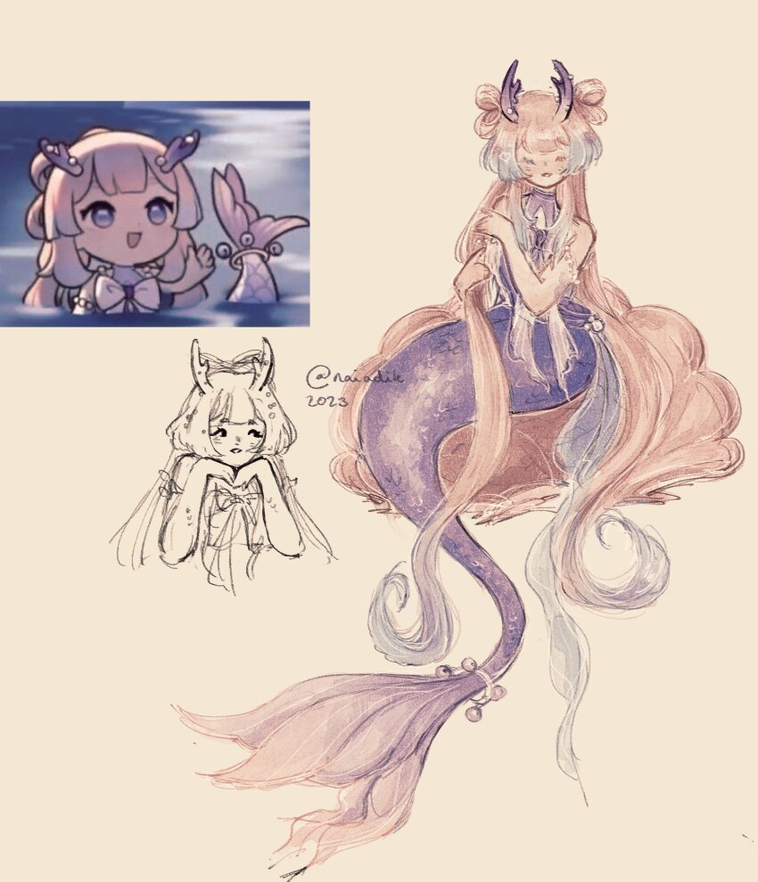 1girl, bow-shaped_hair, closed_eyes, commentary, dated, english_commentary, fins, fish_tail