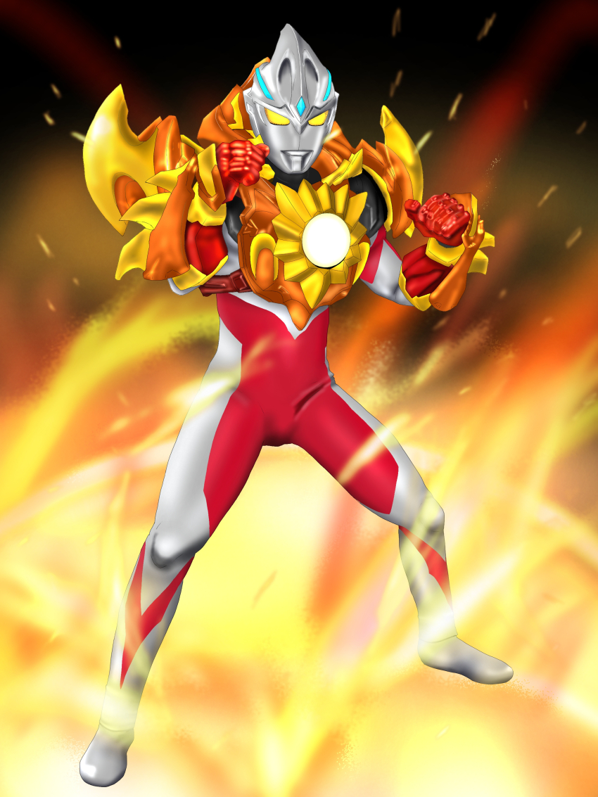 1boy, absurdres, alien, armor, bridal_gauntlets, clenched_hands, colored_skin, dorsal_fin, elbow_spikes, forehead_jewel, full_body, glowing, glowing_eyes, highres, male_focus, multicolored_skin, no_pupils, power_gloves, red_armor, red_bridal_gauntlets, red_skin, rsy004, silver_bodysuit, silver_skin, solis_armor, solo, tokusatsu, ultra_series, ultraman_arc, ultraman_arc_(series), yellow_eyes