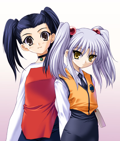 00s, 2girls, blue_hair, creator_connection, crossover, gakuen_senki_muryou, hair_ornament, hoshino_ruri