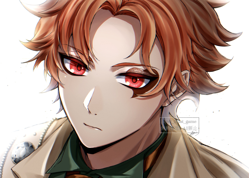 1boy, absurdres, ace_trappola, ace_trappola_(luxe_couture), commentary_request, highres, looking_at_viewer, male_focus, orange_hair, portrait, red_eyes, rei_(rei_illust_game), short_hair, simple_background, solo, twisted_wonderland, white_background