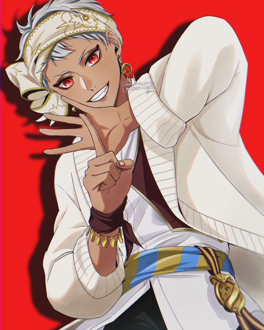 1boy, absurdres, arabian_clothes, cardigan, commentary_request, grey_hair, grin, highres