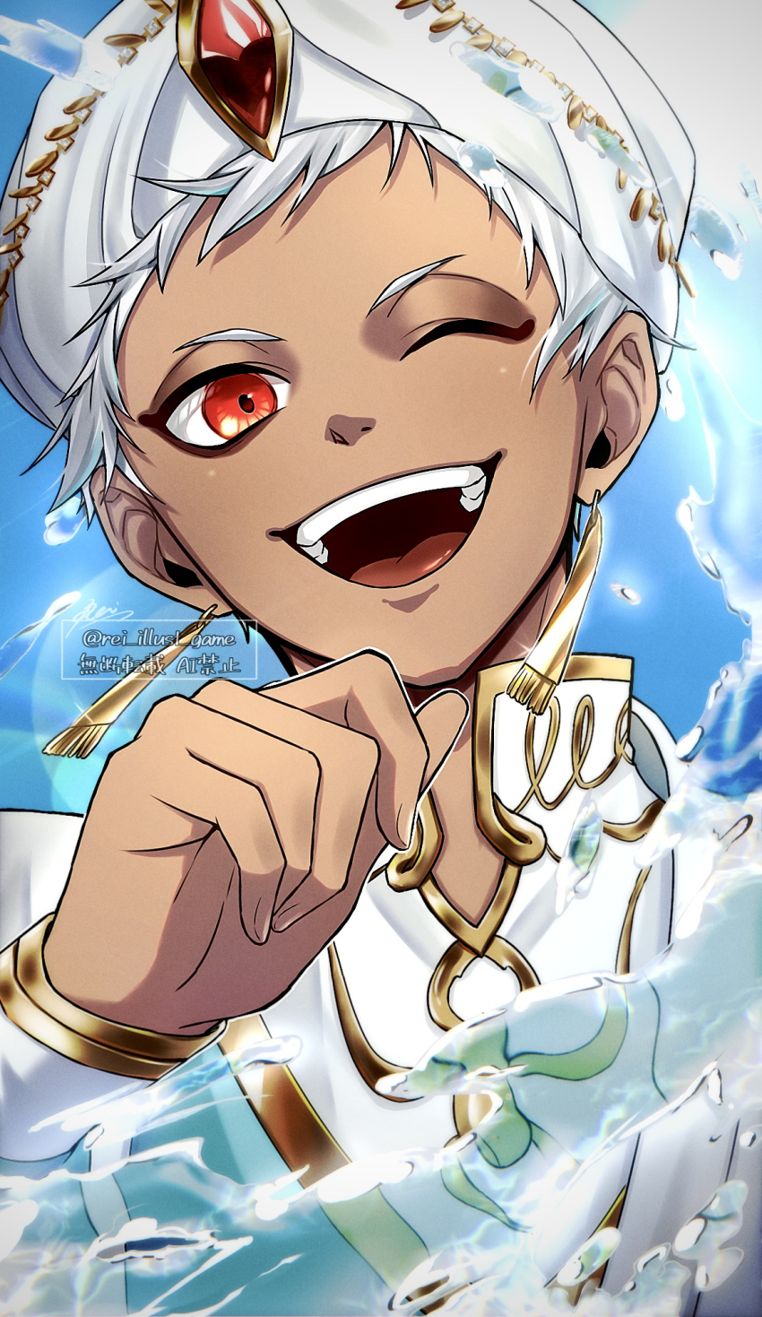 1boy, arabian_clothes, blue_background, commentary_request, highres, kalim_al-asim, kalim_al-asim_(dream), looking_at_viewer, male_focus, one_eye_closed, red_eyes, rei_(rei_illust_game), short_hair, solo, twisted_wonderland, upper_body, water, white_hair