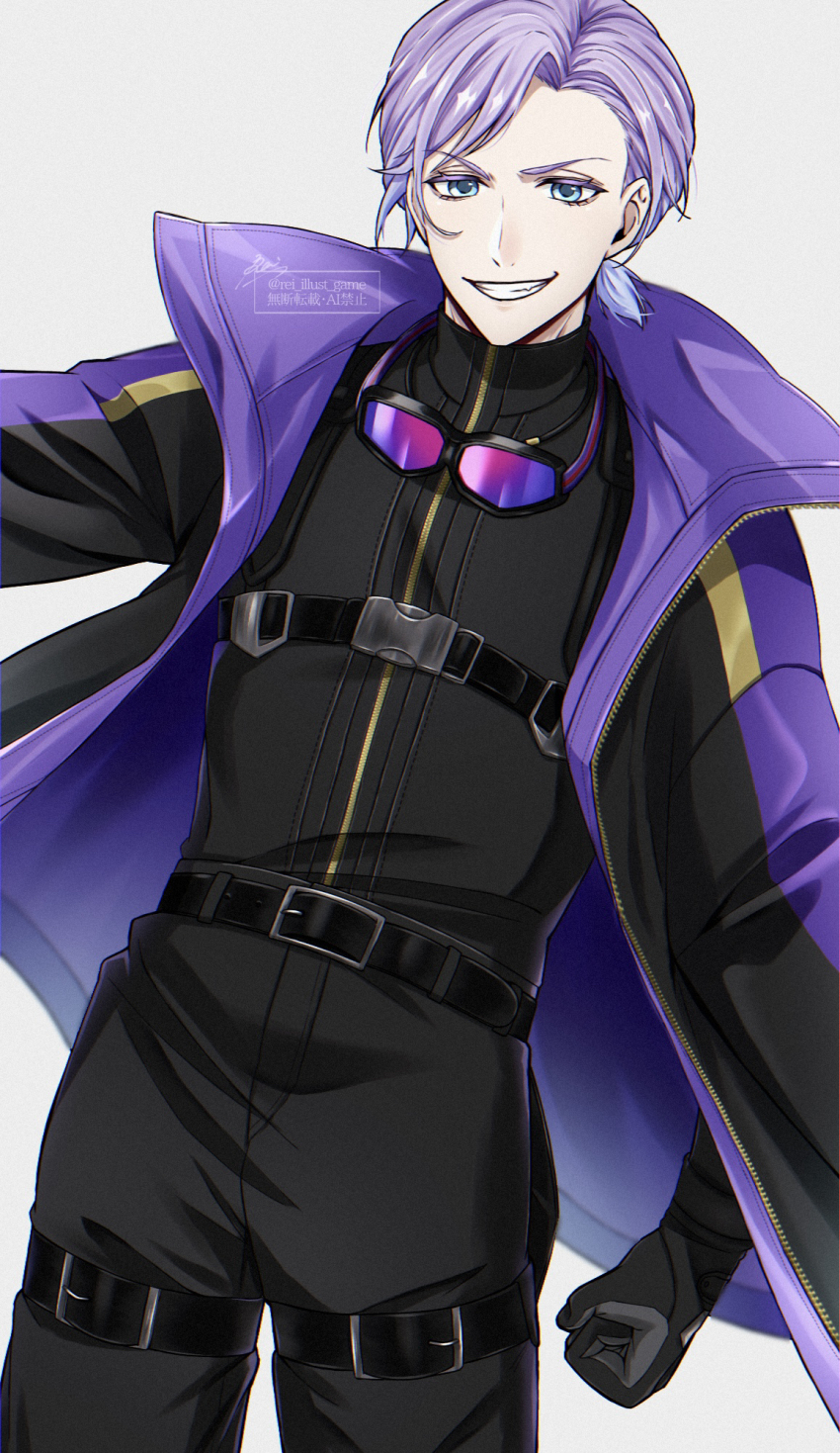 1boy, black_coat, blue_eyes, coat, commentary_request, cowboy_shot, epel_felmier, epel_felmier_(spelldrive_uniform)