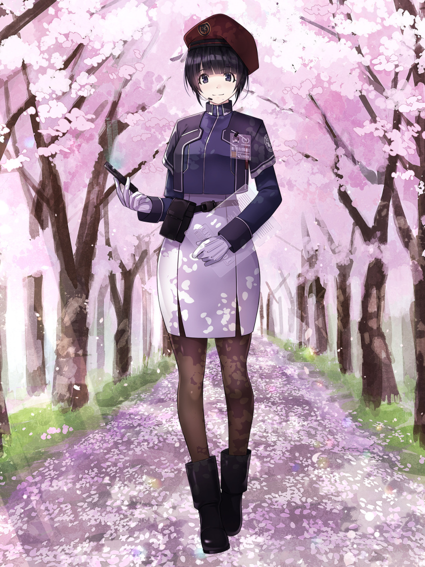 1girl, beret, black_footwear, black_hair, blue_jacket, brown_pantyhose, cherry_blossoms, clipboard