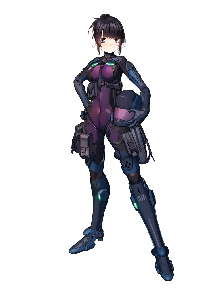 1girl, black_eyes, black_gloves, black_hair, bodysuit, covered_navel, dairoku_ryouhei, full_body