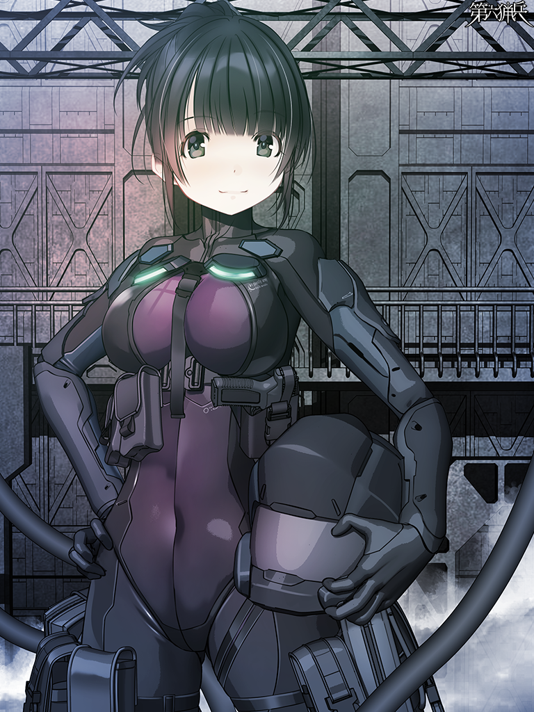 1girl, armor, black_gloves, black_hair, bodysuit, breasts, copyright_name, covered_navel