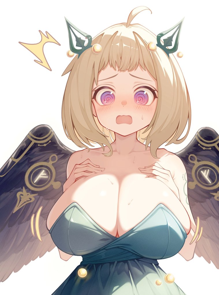 1girl, @_@, ahoge, alternate_breast_size_(larger), aqua_dress, bare_arms, bare_shoulders, blonde_hair, blue_dress, blush, breast_suppress, breasts, cleavage, collarbone, dress, duel_monster, embarrassed, horns, huge_breasts, hugin_the_runick_wings, looking_down, medium_hair, motion_lines, open_mouth, personification, pink_eyes, purple_eyes, simple_background, skindentation, solo, strapless, strapless_dress, surprised, upper_body, wepwawet, white_background, wings, yu-gi-oh!