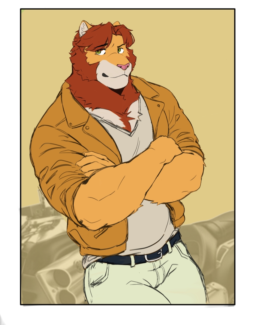 1boy, animal_ears, belt, black_belt, brown_jacket, cantbechasedidris, commentary, crossed_arms, denim, english_commentary, furry, furry_male, green_eyes, grey_shirt, highres, jacket, jeans, lion_boy, lion_ears, lion_mane, looking_up, male_focus, muscular, muscular_male, pants, pectoral_cleavage, pectorals, shirt, sleeves_rolled_up, socially_awkward, tom_(socially_awkward), v-neck
