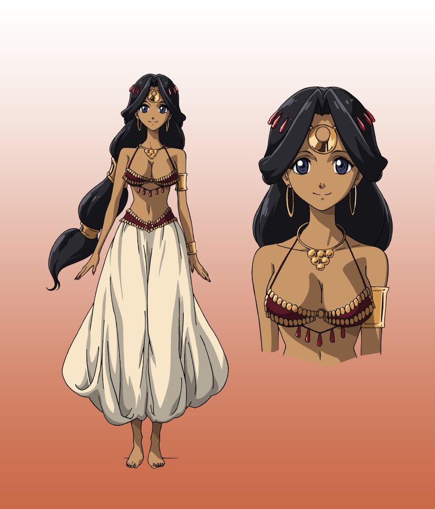 absurdres, armlet, black_hair, bracelet, breasts, cleavage, collarbone, earrings