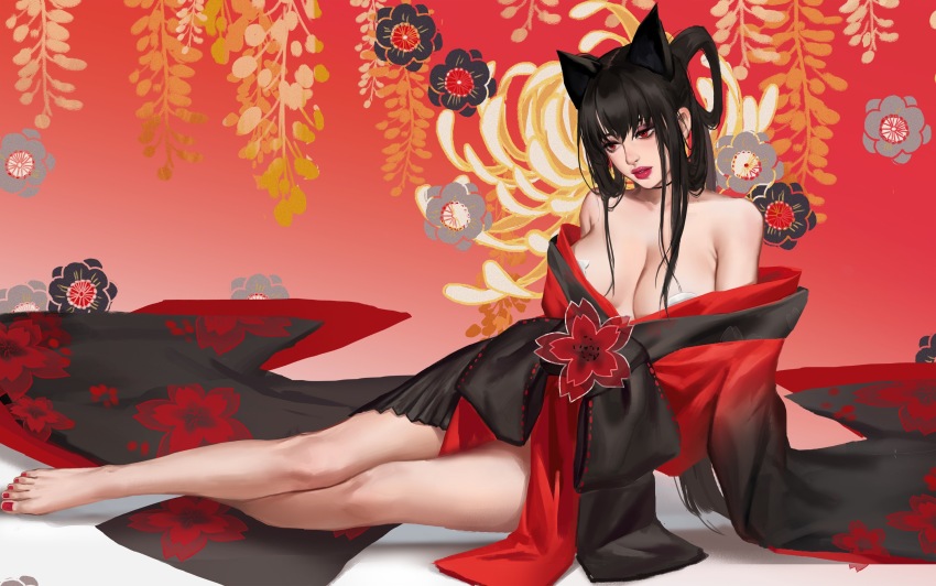 1girl, animal_ears, arm_support, bare_legs, bare_shoulders, barefoot, black_hair, black_kimono, breasts, breasts_apart, cherry_blossom_print, chinese_commentary, chrysanthemum, collarbone, commentary_request, feet, floral_print, flower, full_body, gradient_background, gradient_clothes, gradient_kimono, guishu_lingxiang, hair_rings, highres, japanese_clothes, kimono, large_breasts, legs, lips, looking_to_the_side, mole, mole_under_eye, nail_polish, off_shoulder, original, parted_lips, pasties, pink_lips, print_kimono, red_background, red_eyes, red_kimono, red_nails, sidelocks_tied_back, sitting, solo, toenail_polish, toenails, toes, wisteria