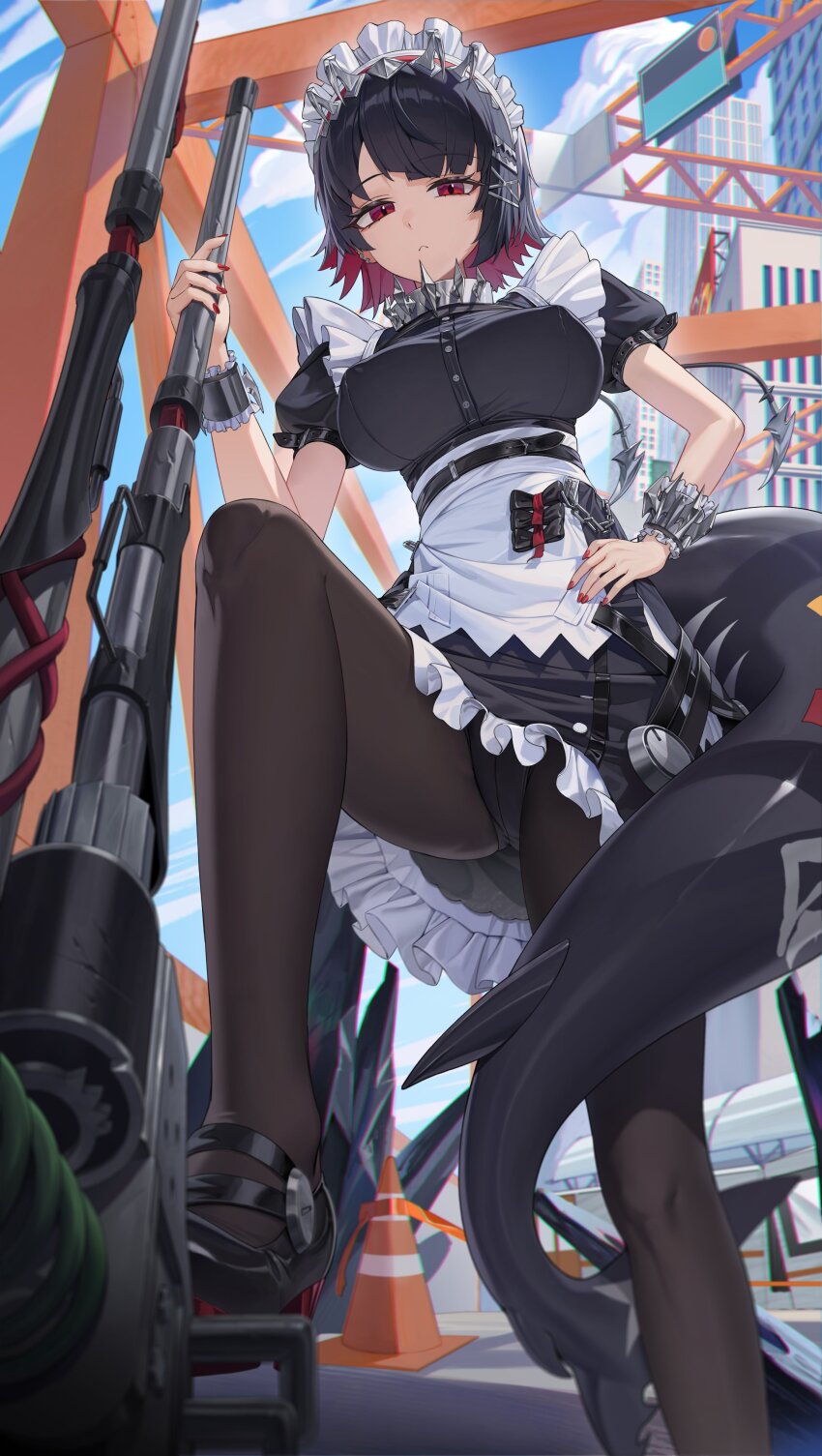 1girl, absurdres, apron, black_hair, black_panties, blue_sky, breasts, building