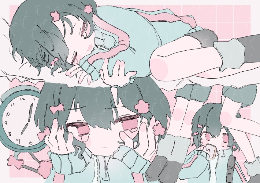 alarm_clock, apu_(aputto_9), aqua_jacket, border, bow, bread, bread_slice, cevio, clock, closed_eyes, food, grid_background, hair_between_eyes, hair_bow, hands_on_own_cheeks, hands_on_own_face, highres, jacket, kurari-chan_(iyowa), kyu-kurarin_(cevio), lying, multiple_hair_bows, multiple_views, on_side, pastel_colors, pink_background, pink_trim, signature, tearing_up, track_jacket, white_border