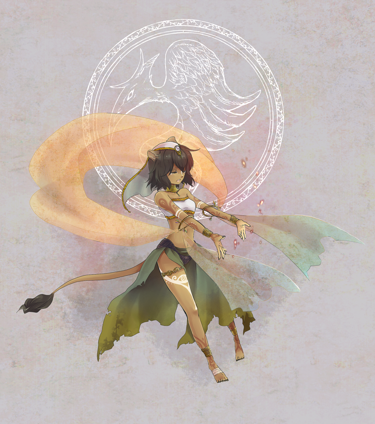 1girl, animal_ears, anklet, barefoot, black_hair, bob_cut, bodypaint, bracelet, cat_ears, cat_tail, closed_eyes, crise, dark-skinned_female, dark_skin, female_focus, headscarf, jewelry, loincloth, magic, midriff, neck_ring, original, pixiv_fantasia, pixiv_fantasia_5, short_hair, solo, strapless, tail, tube_top, white_headscarf